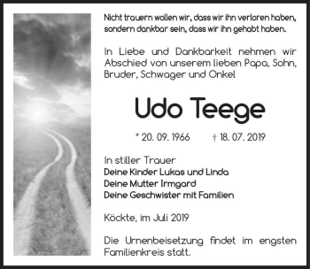 Traueranzeige von Udo Teege  von Magdeburger Volksstimme