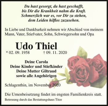 Traueranzeige von Udo Thiel  von Magdeburger Volksstimme