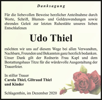 Traueranzeige von Udo Thiel  von Magdeburger Volksstimme