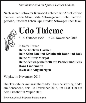 Traueranzeige von Udo Thieme  von Magdeburger Volksstimme