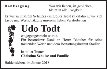 Traueranzeige von Udo Todt  von Magdeburger Volksstimme