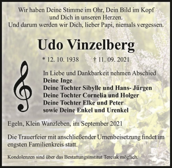 Traueranzeige von Udo Vinzelberg  von Magdeburger Volksstimme