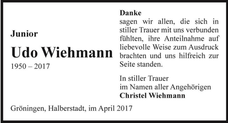 Traueranzeige für Udo Wiehmann  vom 29.04.2017 aus Magdeburger Volksstimme