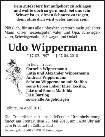Traueranzeige von Udo Wippermann  von Magdeburger Volksstimme