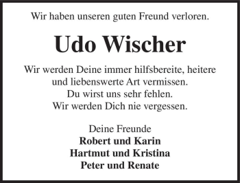 Traueranzeige von Udo Wischer  von Magdeburger Volksstimme