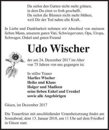 Traueranzeige von Udo Wischer  von Magdeburger Volksstimme