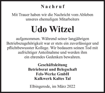 Traueranzeige von Udo Witzel  von Magdeburger Volksstimme