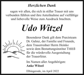 Traueranzeige von Udo Witzel  von Magdeburger Volksstimme
