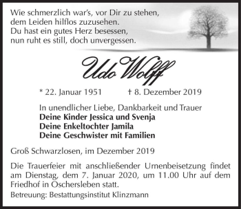 Traueranzeige von Udo Wolff  von Magdeburger Volksstimme