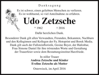 Traueranzeige von Udo Zetzsche  von Magdeburger Volksstimme