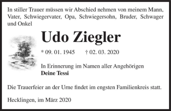 Traueranzeige von Udo Ziegler  von Magdeburger Volksstimme