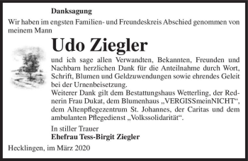 Traueranzeige von Udo Ziegler  von Magdeburger Volksstimme