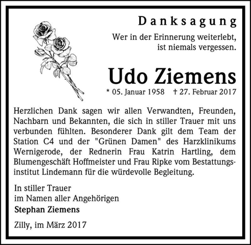  Traueranzeige für Udo Ziemens  vom 25.03.2017 aus Magdeburger Volksstimme