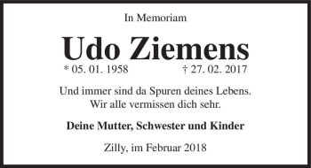 Traueranzeige von Udo Ziemens  von Magdeburger Volksstimme