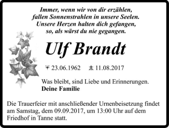 Traueranzeige von Ulf Brandt  von Magdeburger Volksstimme