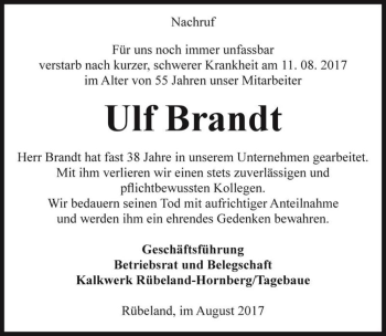 Traueranzeige von Ulf Brandt  von Magdeburger Volksstimme