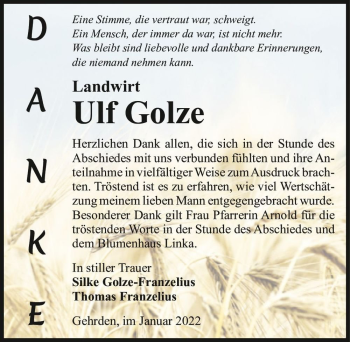 Traueranzeige von Ulf Golze  von Magdeburger Volksstimme
