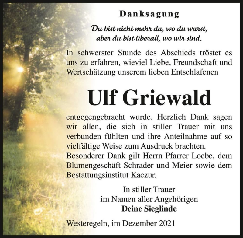  Traueranzeige für Ulf Griewald  vom 31.12.2021 aus Magdeburger Volksstimme
