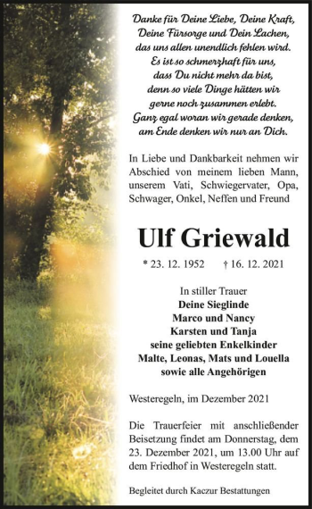 Traueranzeige von Ulf Griewald  von Magdeburger Volksstimme