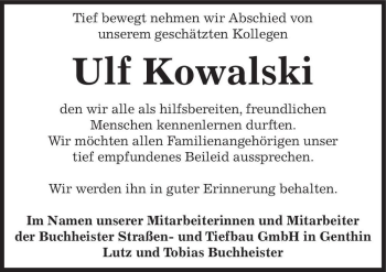 Traueranzeige von Ulf Kowalski  von Magdeburger Volksstimme