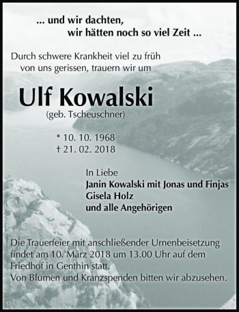 Traueranzeige von Ulf Kowalski (geb. Tescheuschner)  von Magdeburger Volksstimme