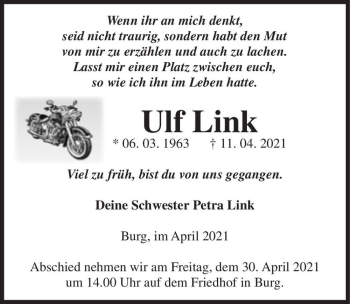 Traueranzeige von Ulf Link  von Magdeburger Volksstimme