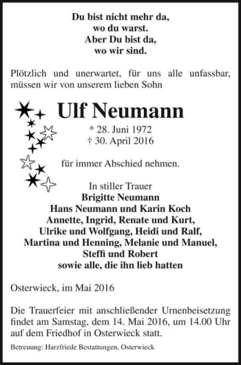 Traueranzeige von Ulf Neumann  von Magdeburger Volksstimme