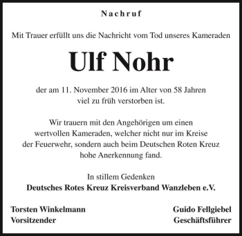 Traueranzeige von Ulf Nohr  von Magdeburger Volksstimme