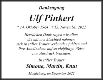 Traueranzeige von Ulf Pinkert  von Magdeburger Volksstimme