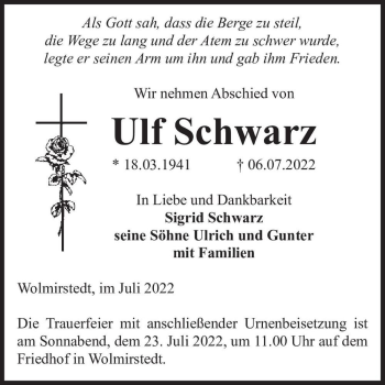 Traueranzeige von Ulf Schwarz  von Magdeburger Volksstimme