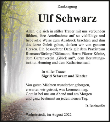 Traueranzeige von Ulf Schwarz  von Magdeburger Volksstimme