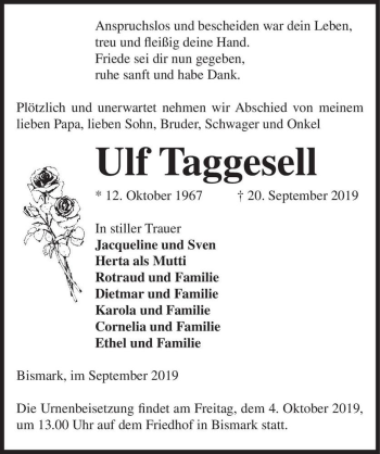 Traueranzeige von Ulf Taggesell  von Magdeburger Volksstimme