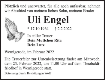 Traueranzeige von Uli Engel  von Magdeburger Volksstimme