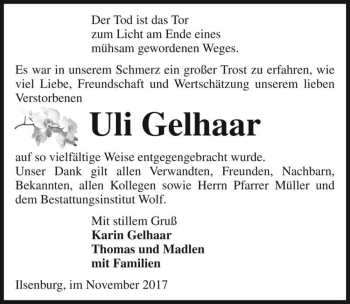Traueranzeige von Uli Gelhaar  von Magdeburger Volksstimme