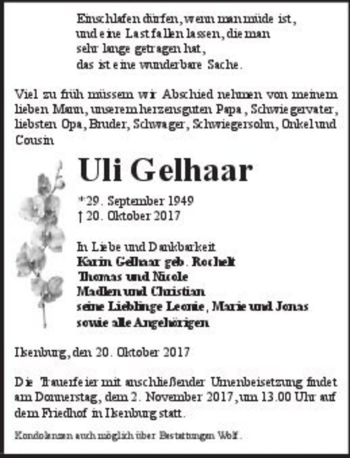 Traueranzeige von Uli Gelhaar  von Magdeburger Volksstimme