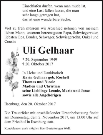 Traueranzeige von Uli Gelhaar  von Magdeburger Volksstimme