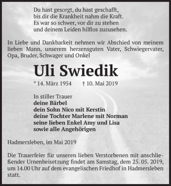 Traueranzeige von Uli Swiedik  von Magdeburger Volksstimme