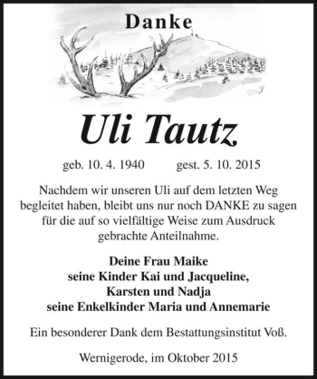 Traueranzeige von Uli Tautz  von Magdeburger Volksstimme