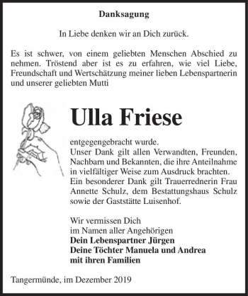 Traueranzeige von Ulla Friese  von Magdeburger Volksstimme