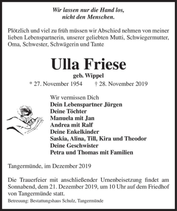 Traueranzeige von Ulla Friese (geb. Wippel)  von Magdeburger Volksstimme
