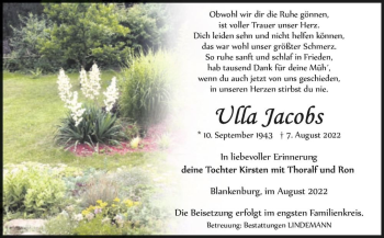 Traueranzeige von Ulla Jacobs  von Magdeburger Volksstimme