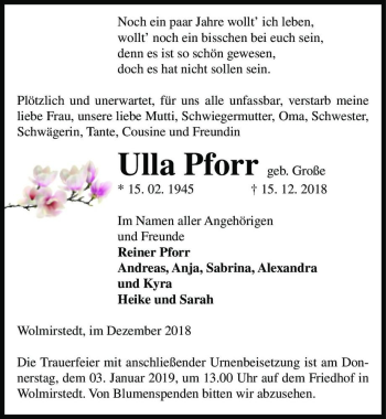 Traueranzeige von Ulla Pforr (geb. Große)  von Magdeburger Volksstimme