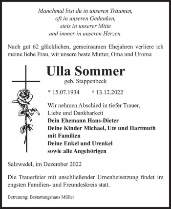 Traueranzeige von Ulla Sommer (geb. Stappenbeck)  von Magdeburger Volksstimme