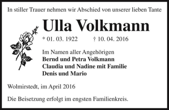 Traueranzeige von Ulla Volkmann  von Magdeburger Volksstimme