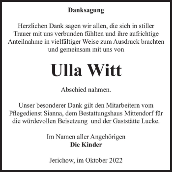 Traueranzeige von Ulla Witt  von Magdeburger Volksstimme