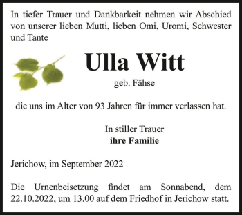 Traueranzeige von Ulla Witt (geb. Fähse)  von Magdeburger Volksstimme