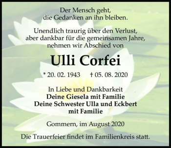 Traueranzeige von Ulli Corfei  von Magdeburger Volksstimme