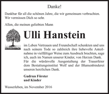 Traueranzeige von Ulli Hanstein  von Magdeburger Volksstimme