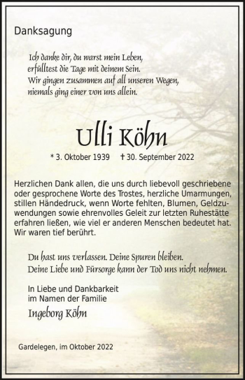 Traueranzeige von Ulli Köhn  von Magdeburger Volksstimme
