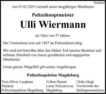Traueranzeige von Ulli Wiermann  von Magdeburger Volksstimme